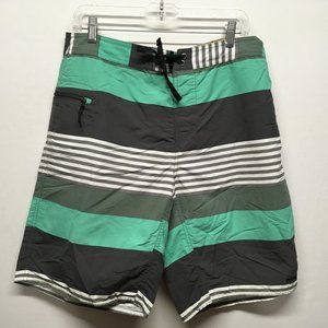 Patagonia Board Shorts Mens 34 Green Grey Striped Drawstring 10" Inseam Swimming